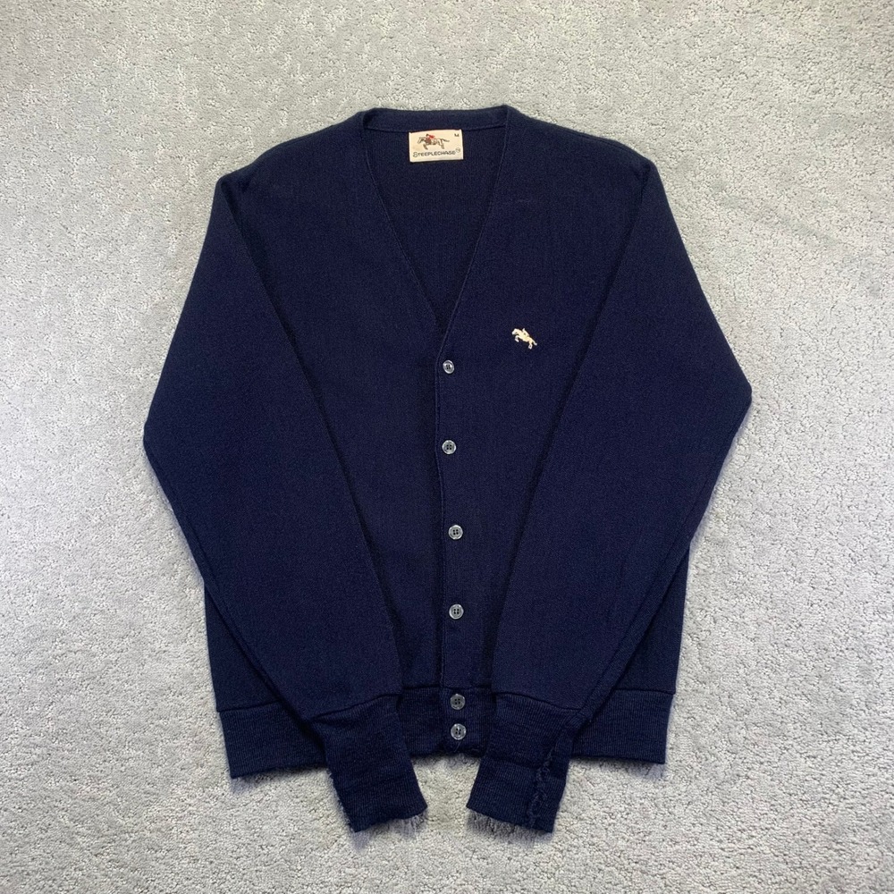 VINTAGE Steeplechase Cardigan Sweater Mens Medium Navy‎ Orlon Acrylic 70s 80s